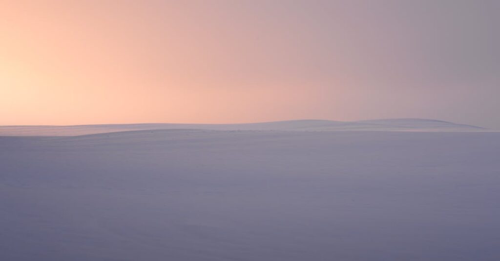 Peaceful snowy landscape with a pastel sunset sky.